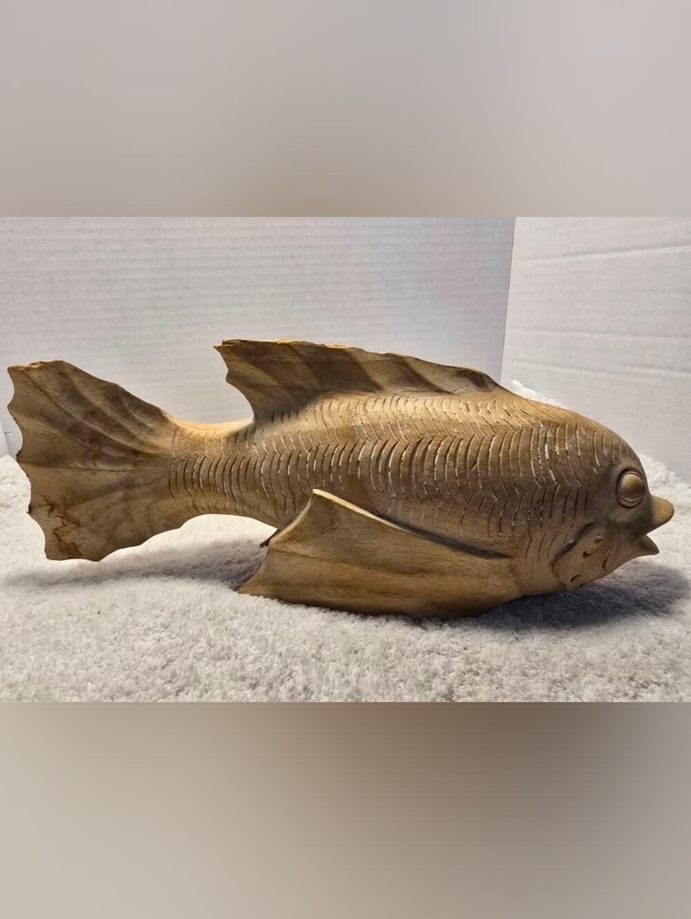 Hand Crafted Large Whitewashed Wooden 16" Fish Sculpture